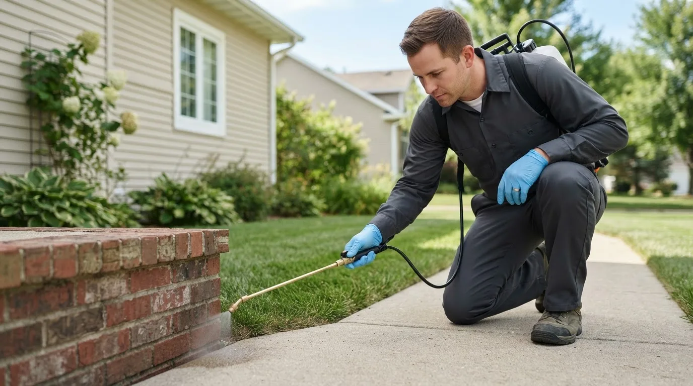 Pest control technician treating a home near Goodwell, OK